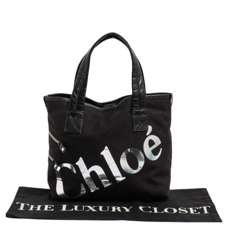Pre Owned Chloe Black/Silver Canvas and Leather Logo Printed Tote