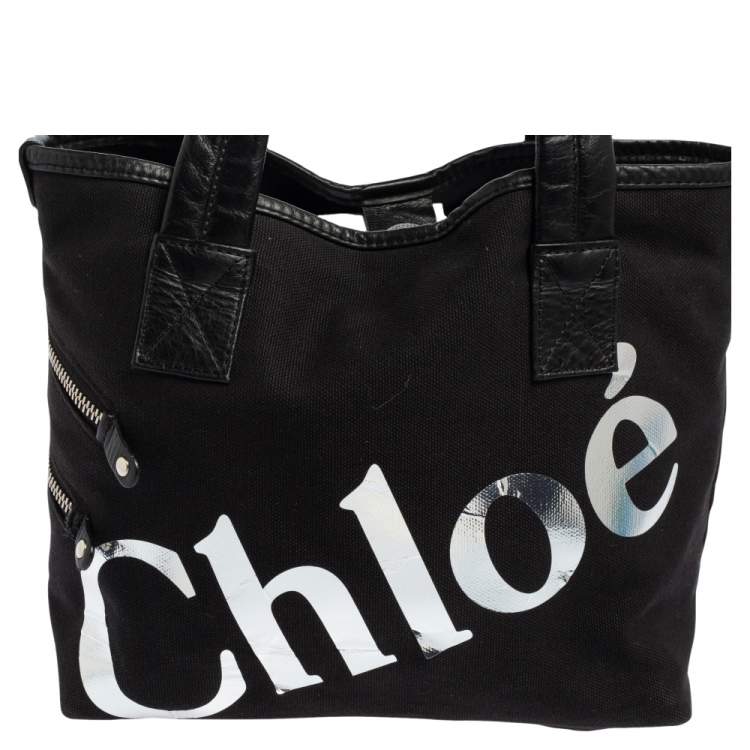 Pre Owned Chloe Black/Silver Canvas and Leather Logo Printed Tote
