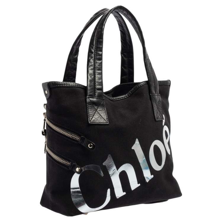 Pre Owned Chloe Black/Silver Canvas and Leather Logo Printed Tote