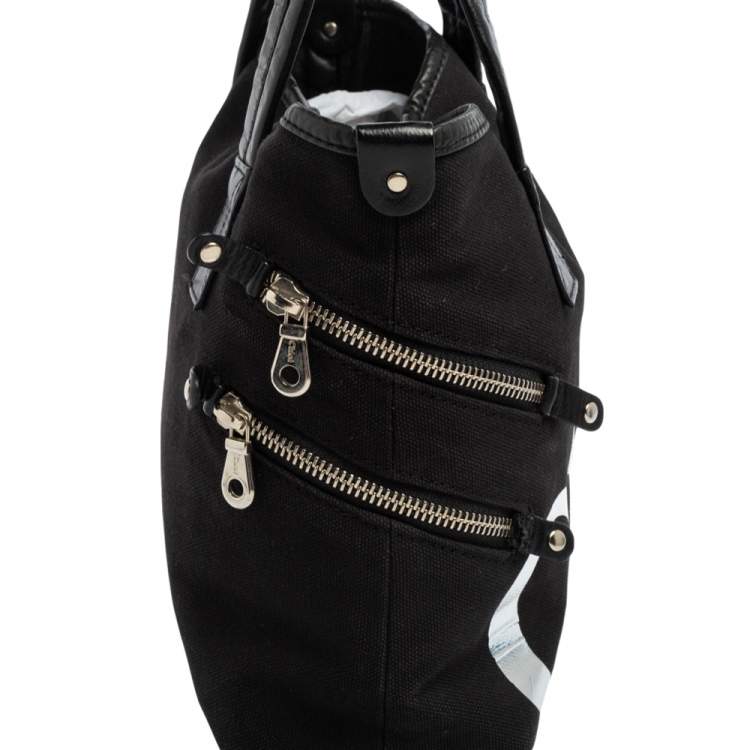 Pre Owned Chloe Black/Silver Canvas and Leather Logo Printed Tote