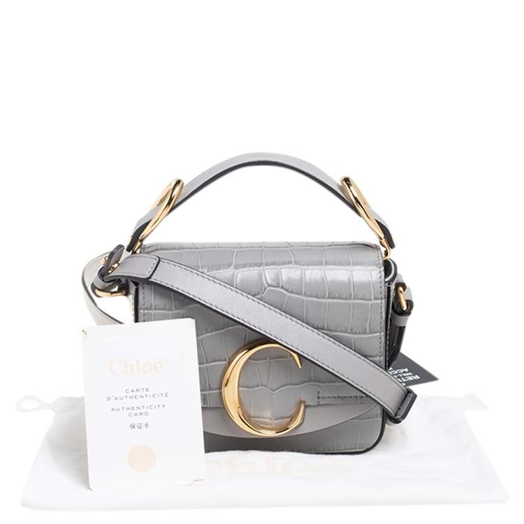 Pre Owned Chloe Grey Croc Embossed Leather Mini C Top Handle Bag