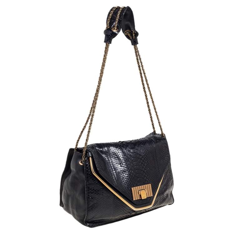 Pre Owned Chloe Black Leather and Python Medium Sally Flap Shoulder Bag