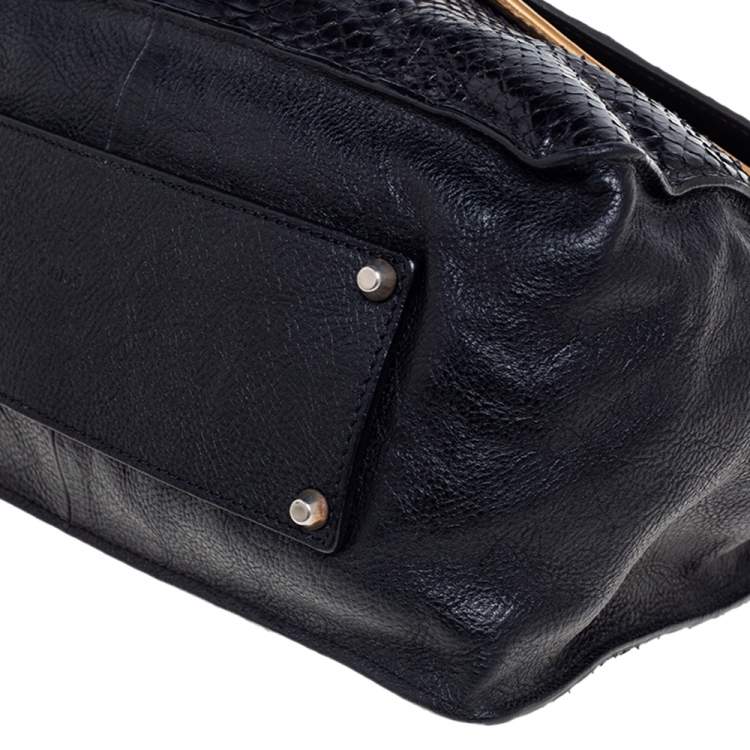 Pre Owned Chloe Black Leather and Python Medium Sally Flap Shoulder Bag
