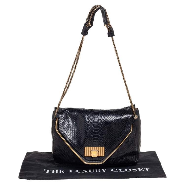 Pre Owned Chloe Black Leather and Python Medium Sally Flap Shoulder Bag