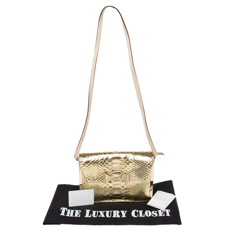 مملوكة مسبقًا Chloe Gold Python Rachel Bow Crossbody Bag