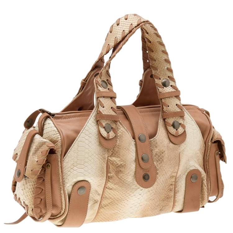 Pre Owned Chloe Beige/Brown Shimmering Python and Leather Silverado Satchel