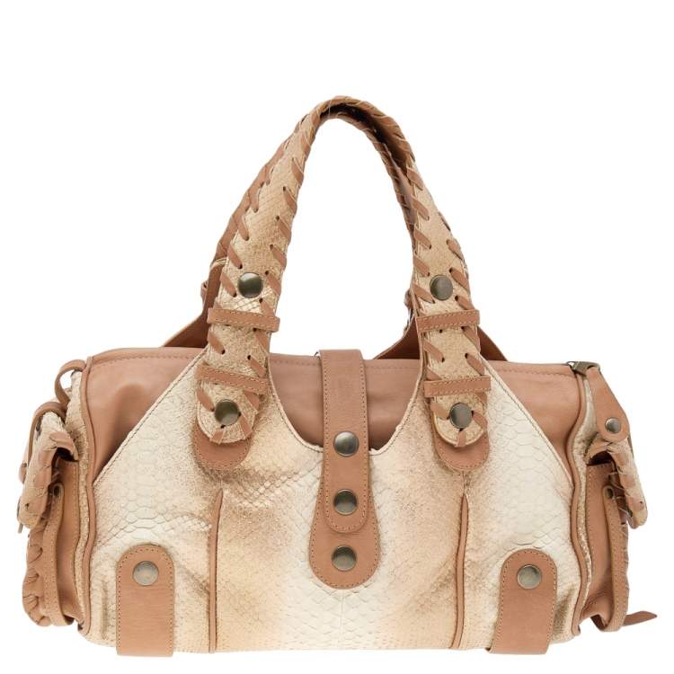 Pre Owned Chloe Beige/Brown Shimmering Python and Leather Silverado Satchel