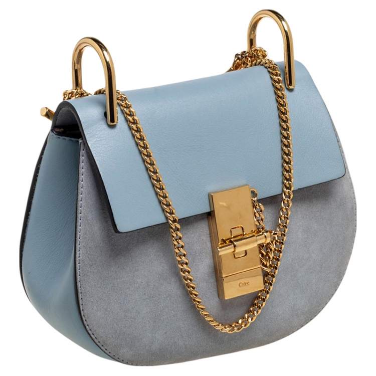 Pre Owned Chloe Light Blue Leather and Suede Mini Drew Shoulder Bag