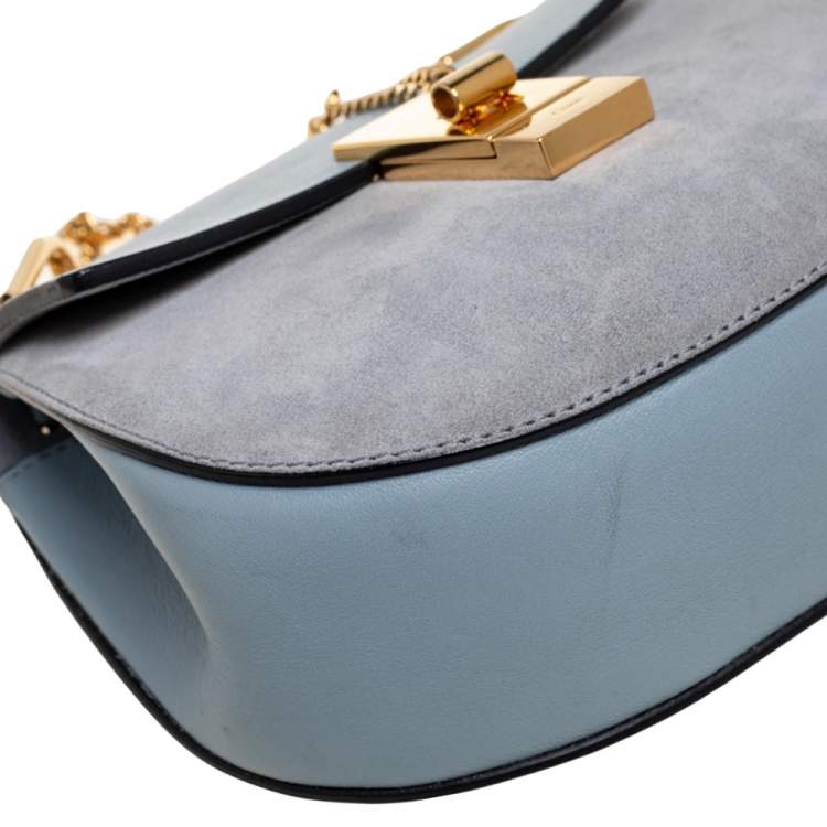Pre Owned Chloe Light Blue Leather and Suede Mini Drew Shoulder Bag