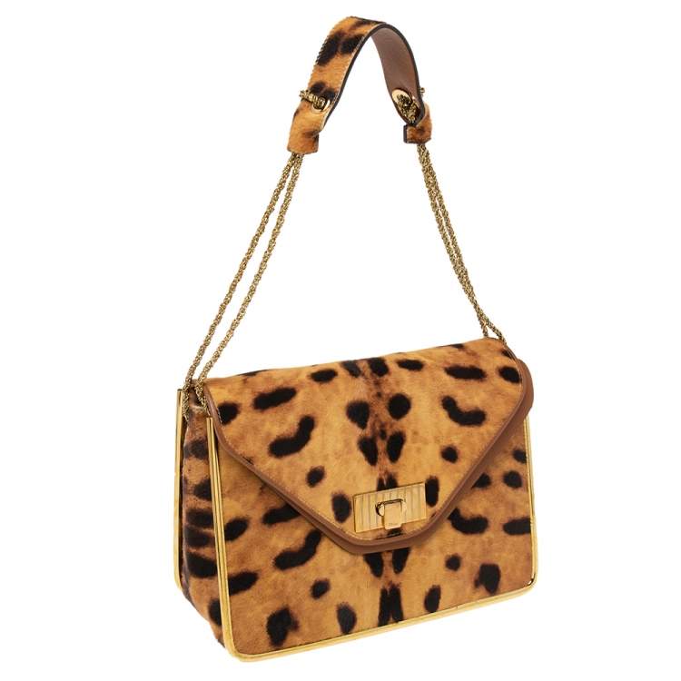 Pre Owned Chloe Brown/Beige Leopard Print Pony Hair And Leather Medium Sally Shoulder Bag