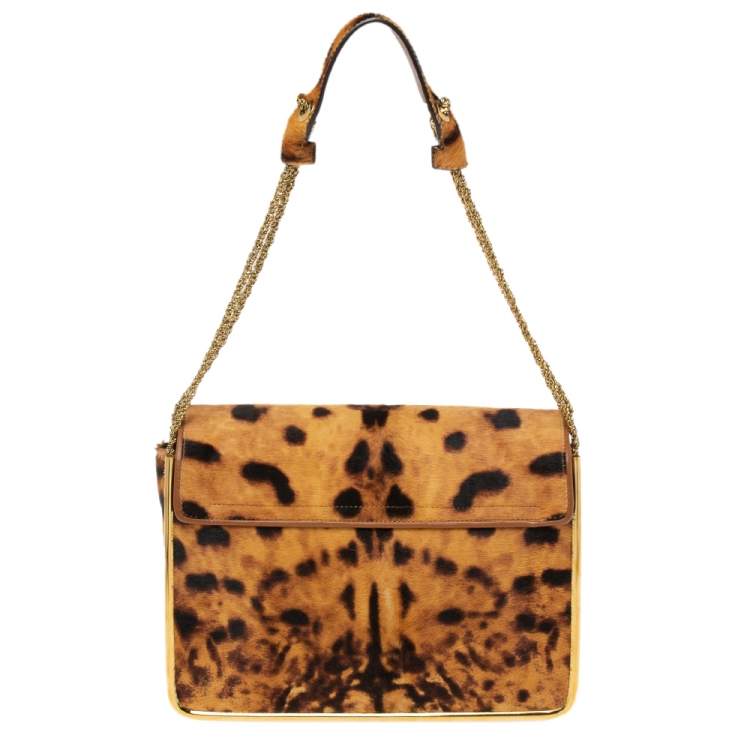 Pre Owned Chloe Brown/Beige Leopard Print Pony Hair And Leather Medium Sally Shoulder Bag