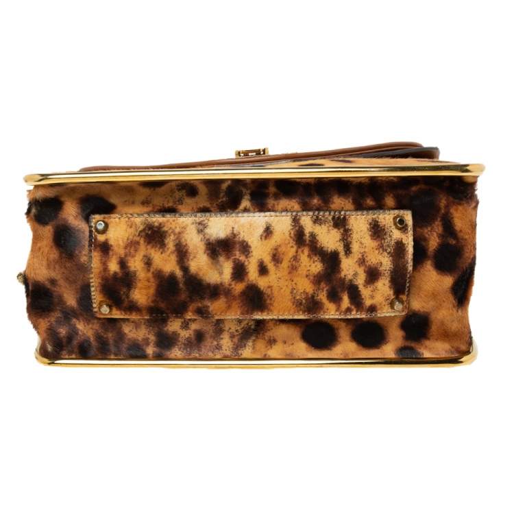 Pre Owned Chloe Brown/Beige Leopard Print Pony Hair And Leather Medium Sally Shoulder Bag