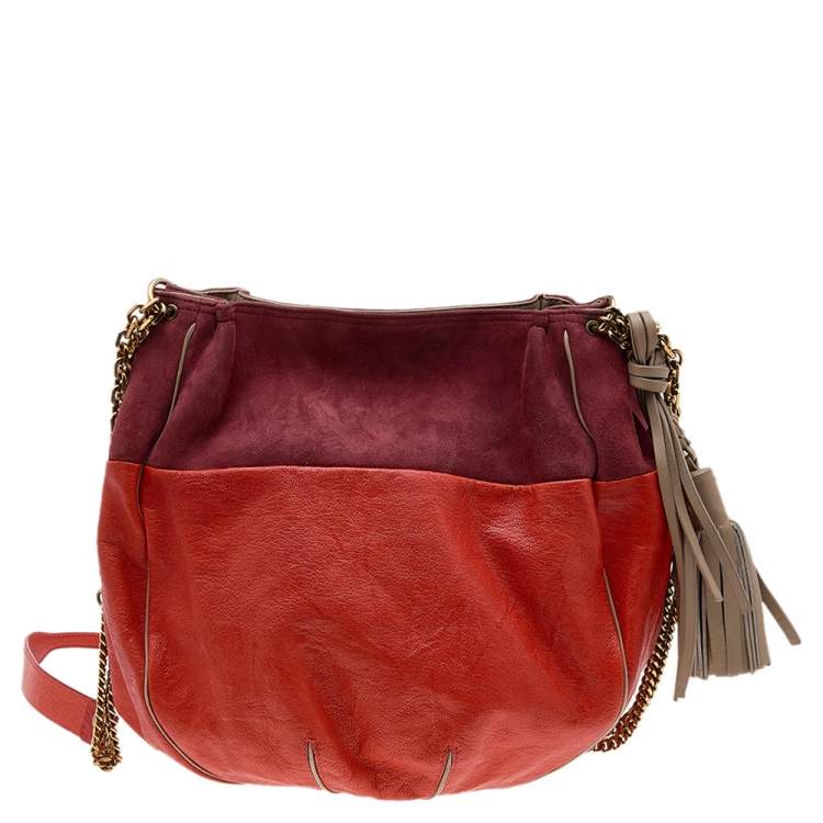 Pre Owned Chloe Orange/Brown Leather And Suede Chain Hobo