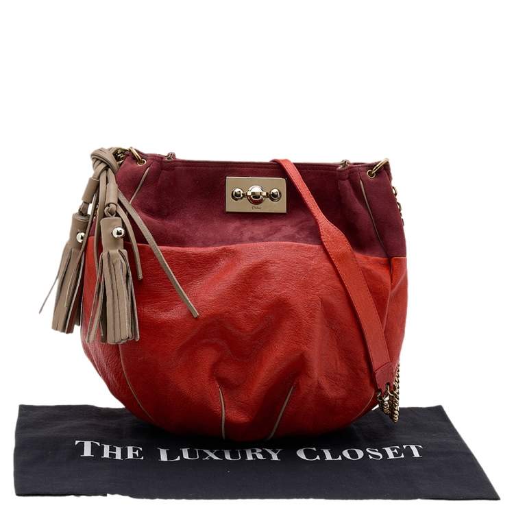 Pre Owned Chloe Orange/Brown Leather And Suede Chain Hobo
