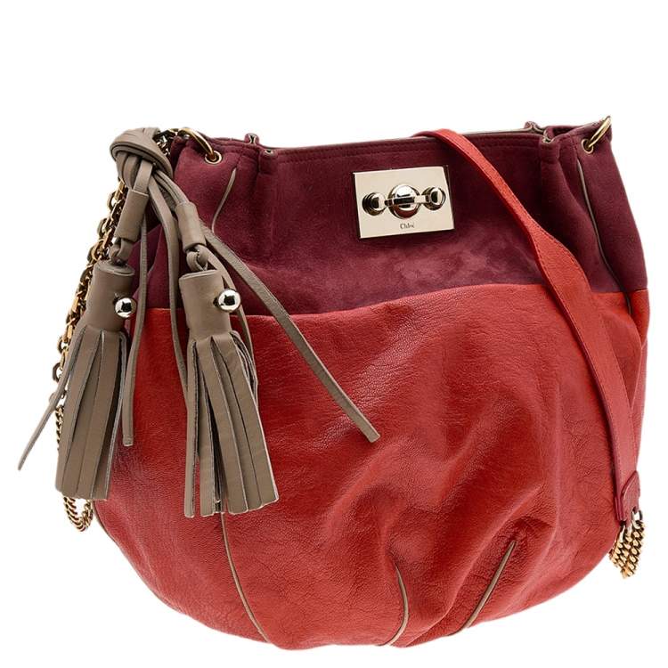 Pre Owned Chloe Orange/Brown Leather And Suede Chain Hobo