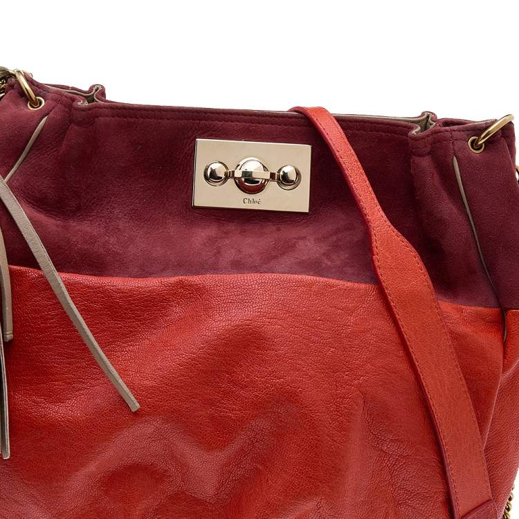 Pre Owned Chloe Orange/Brown Leather And Suede Chain Hobo