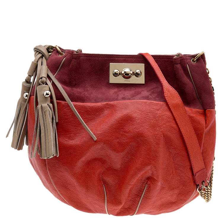Pre Owned Chloe Orange/Brown Leather And Suede Chain Hobo