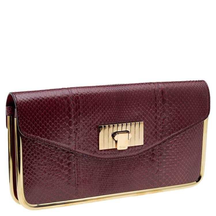 Pre Owned Chloe Burgundy Python Leather Clutch