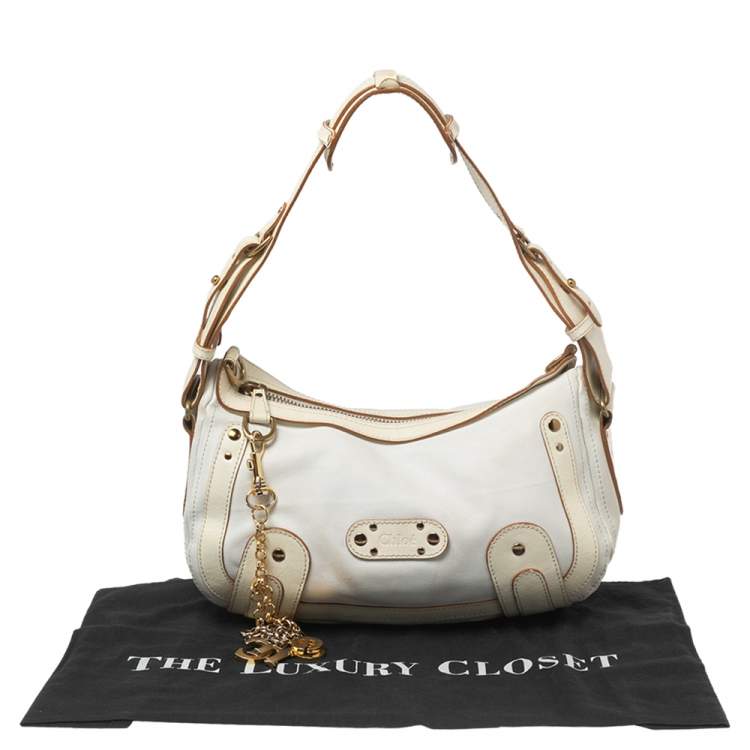 Pre Owned Chloe White/Cream Leather Logo Charm Shoulder Bag