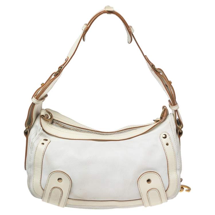 Pre Owned Chloe White/Cream Leather Logo Charm Shoulder Bag