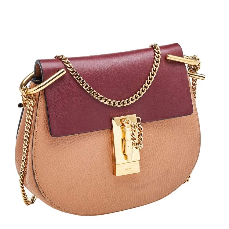 Pre Owned Chloe Peach/Maroon Leather Small Drew Crossbody Bag