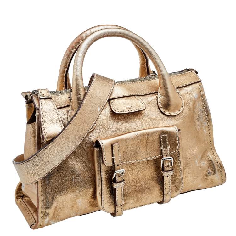 Pre Owned Chloe Metallic Gold Leather Front Pocket Edith Satchel