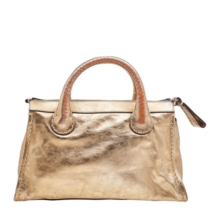 Pre Owned Chloe Metallic Gold Leather Front Pocket Edith Satchel
