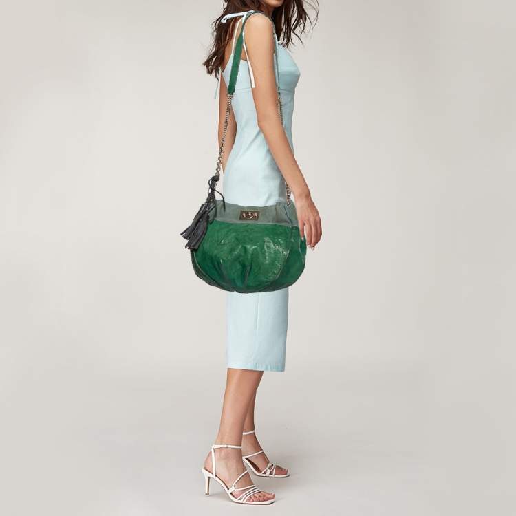 Pre Owned Chloe Green Crinkled Leather and Suede Tassel Chain Hobo 