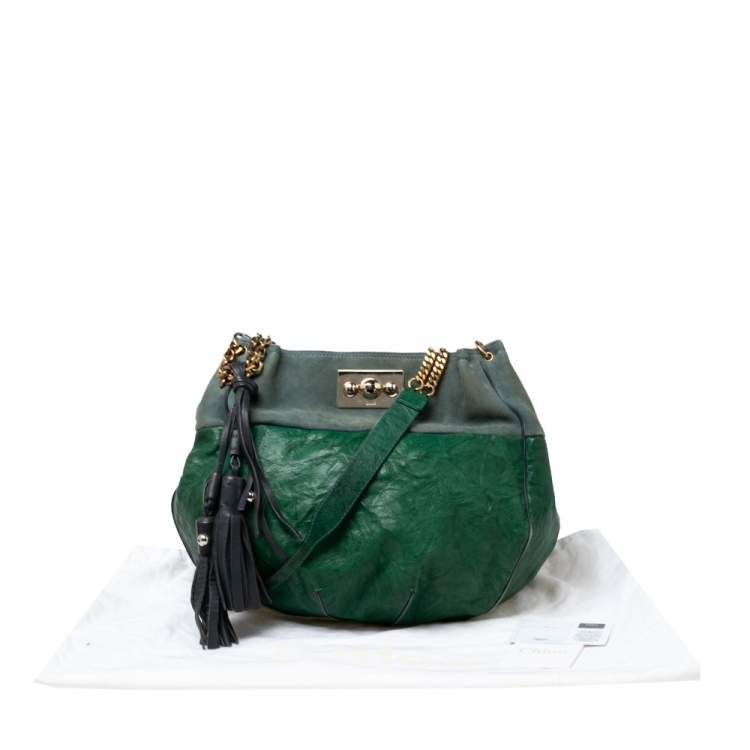 Pre Owned Chloe Green Crinkled Leather and Suede Tassel Chain Hobo 