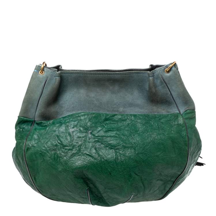 Pre Owned Chloe Green Crinkled Leather and Suede Tassel Chain Hobo 