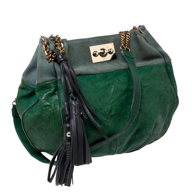 Pre Owned Chloe Green Crinkled Leather and Suede Tassel Chain Hobo 