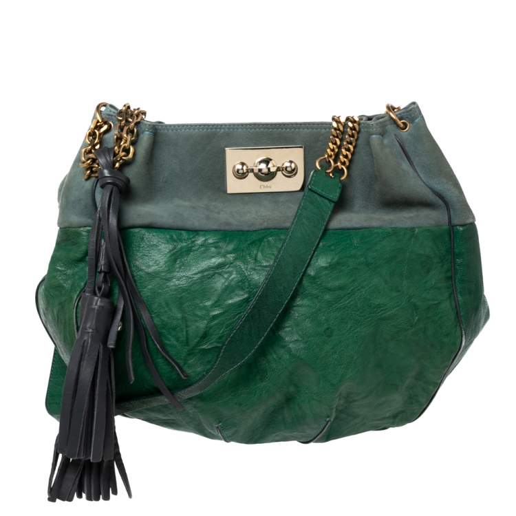 Pre Owned Chloe Green Crinkled Leather and Suede Tassel Chain Hobo 