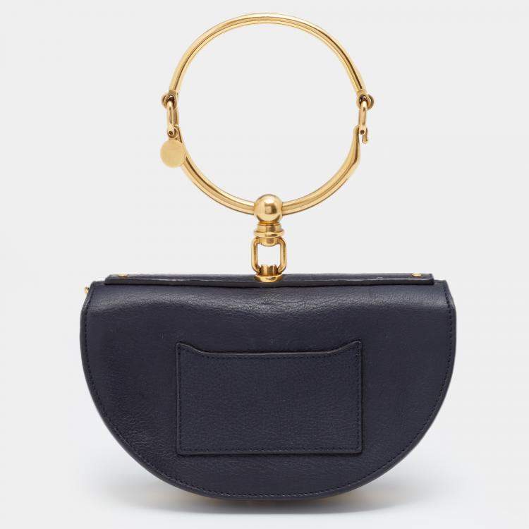Pre Owned Chloe Navy Blue Leather And Suede Small Nile Bracelet Minaudiere Shoulder Bag
