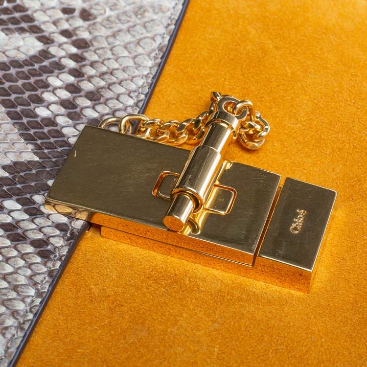 Pre Owned Chloe Mustard/Brown Suede and Python Small Drew Shoulder Bag