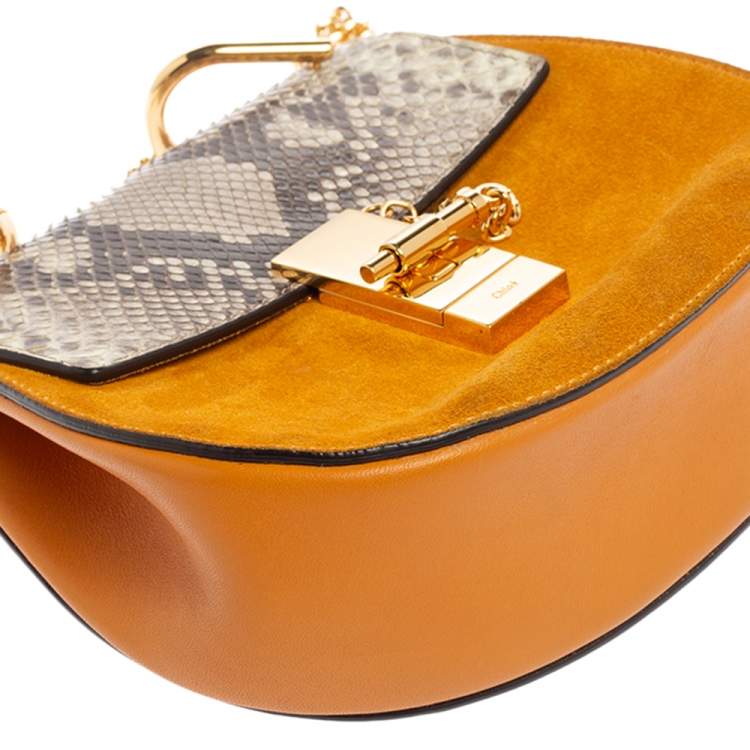 Pre Owned Chloe Mustard/Brown Suede and Python Small Drew Shoulder Bag