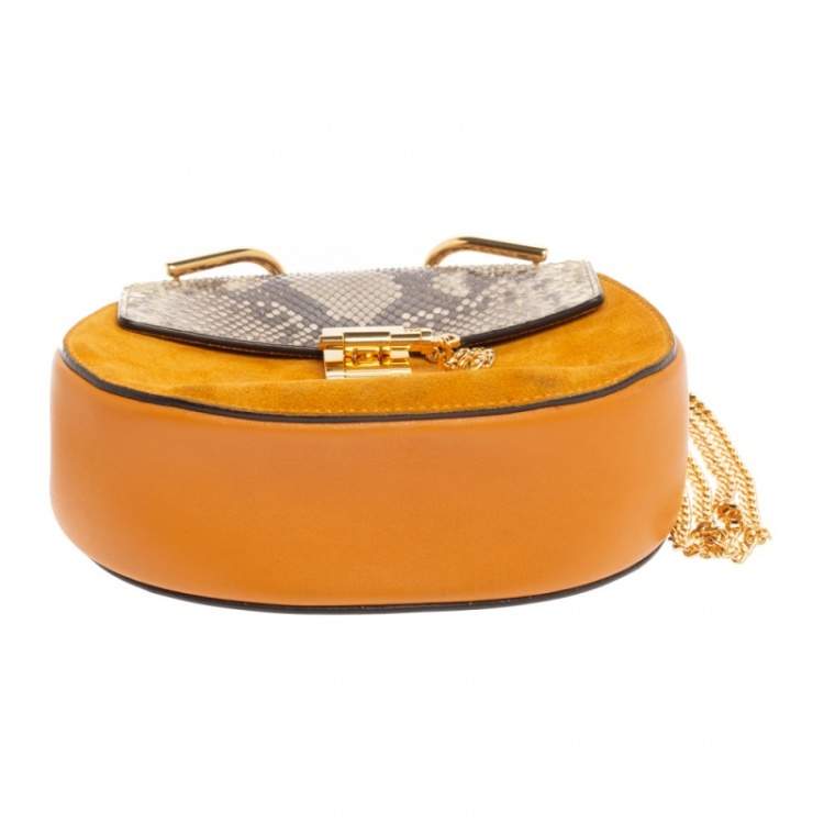 Pre Owned Chloe Mustard/Brown Suede and Python Small Drew Shoulder Bag