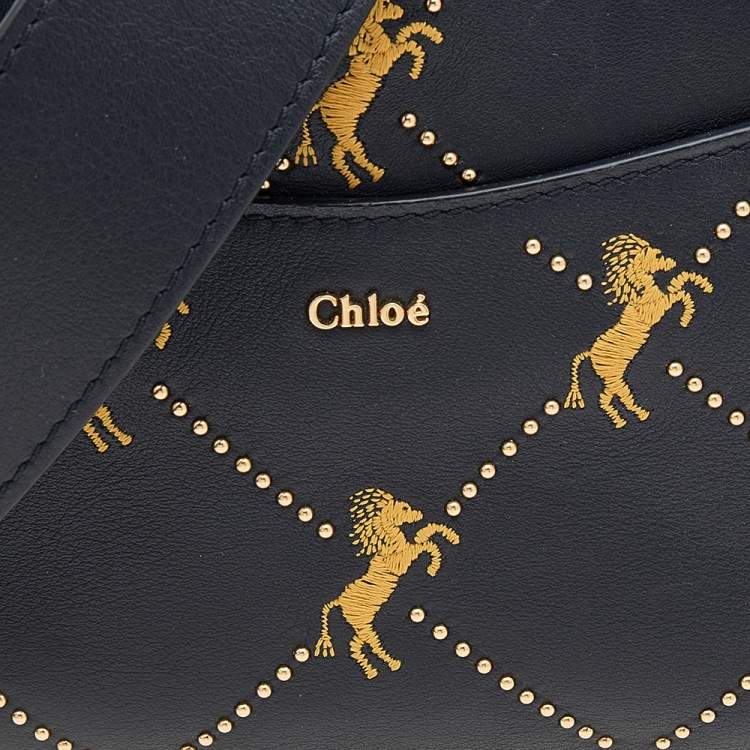 Pre Owned Chloe Black Leather Embroidered Horses Crossbody Bag