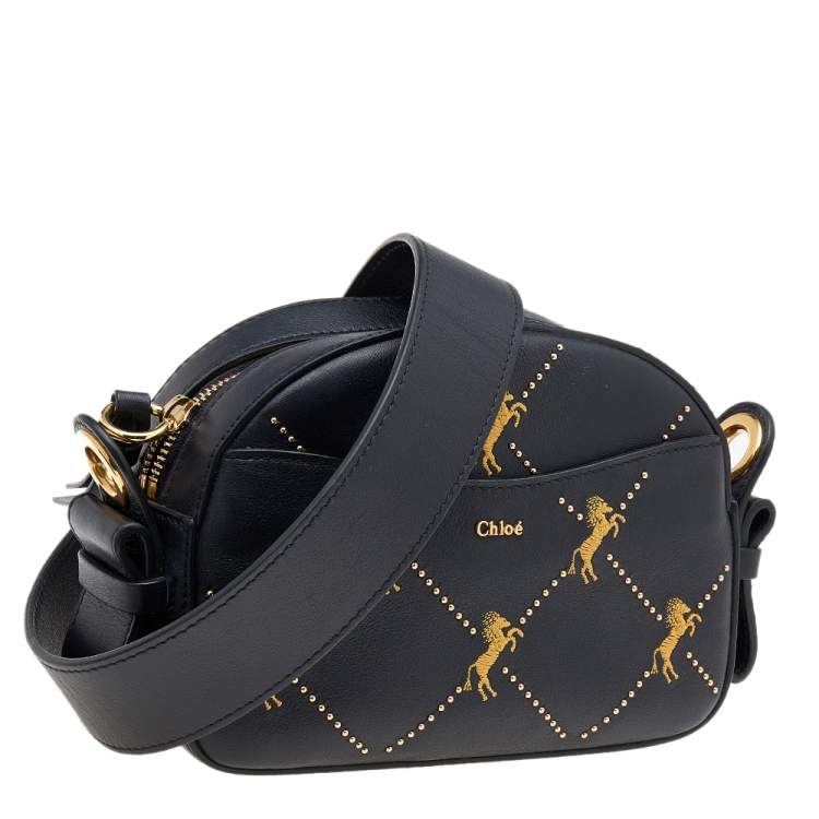 Pre Owned Chloe Black Leather Embroidered Horses Crossbody Bag
