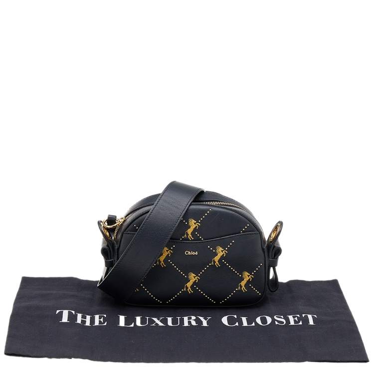 Pre Owned Chloe Black Leather Embroidered Horses Crossbody Bag