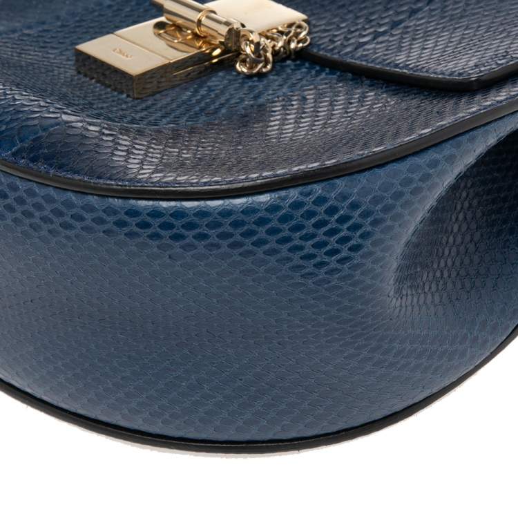 Pre Owned Chloé Dark Blue Snake Skin Medium Drew Shoulder Bag