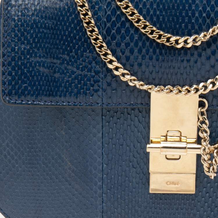 Pre Owned Chloé Dark Blue Snake Skin Medium Drew Shoulder Bag