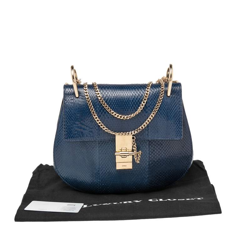 Pre Owned Chloé Dark Blue Snake Skin Medium Drew Shoulder Bag