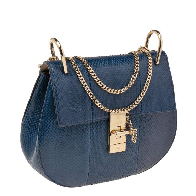 Pre Owned Chloé Dark Blue Snake Skin Medium Drew Shoulder Bag