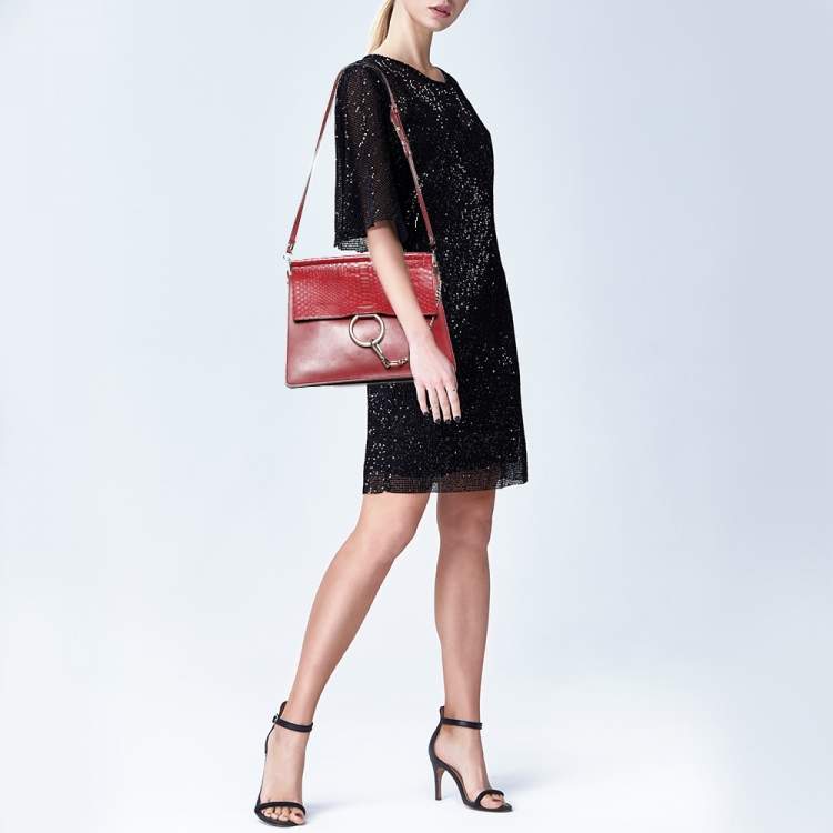 Pre Owned Chloe Burgundy Python and Leather Medium Faye Shoulder Bag