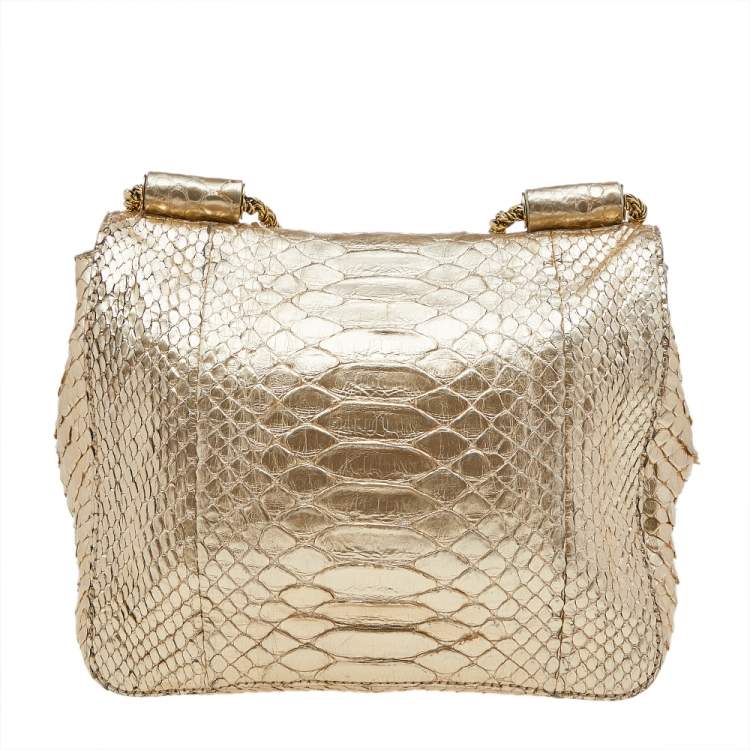 Pre Owned Chloe Metallic Gold Python Leather Small Elsie Shoulder Bag