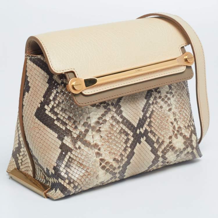مملوكة مسبقًا Chloe Light Beige/Brown Leather And Python Small Clare Shoulder Bag