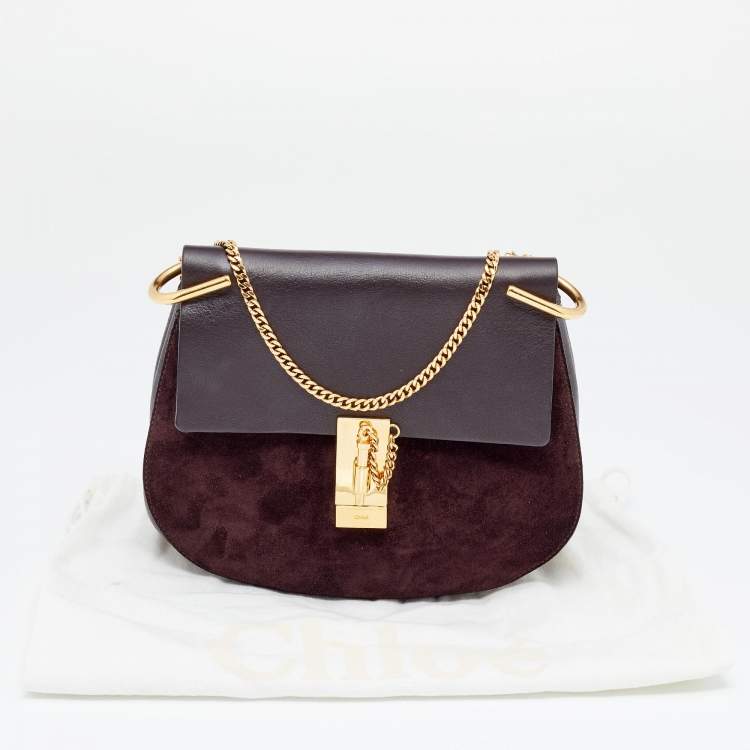 Pre Owned Chloe Dark Burgundy Suede and Leather Medium Drew Shoulder Bag