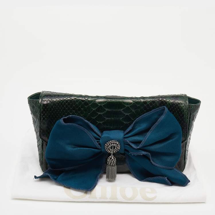 Pre Owned Chloe Green Python Bow Embellished Clutch