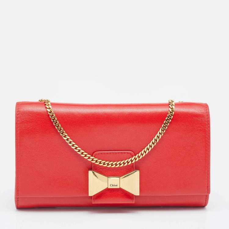 Pre Owned Chloe Red Leather Bow Chain Clutch