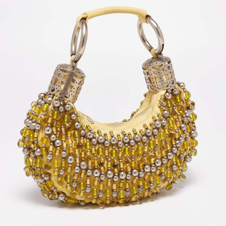Pre Owned Chloe Yellow Canvas Beaded Embellished Crescent Hobo